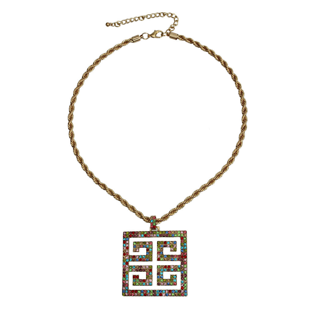 Multi-Color Rhinestone Greek Key Pendant Rope Chain Necklace
