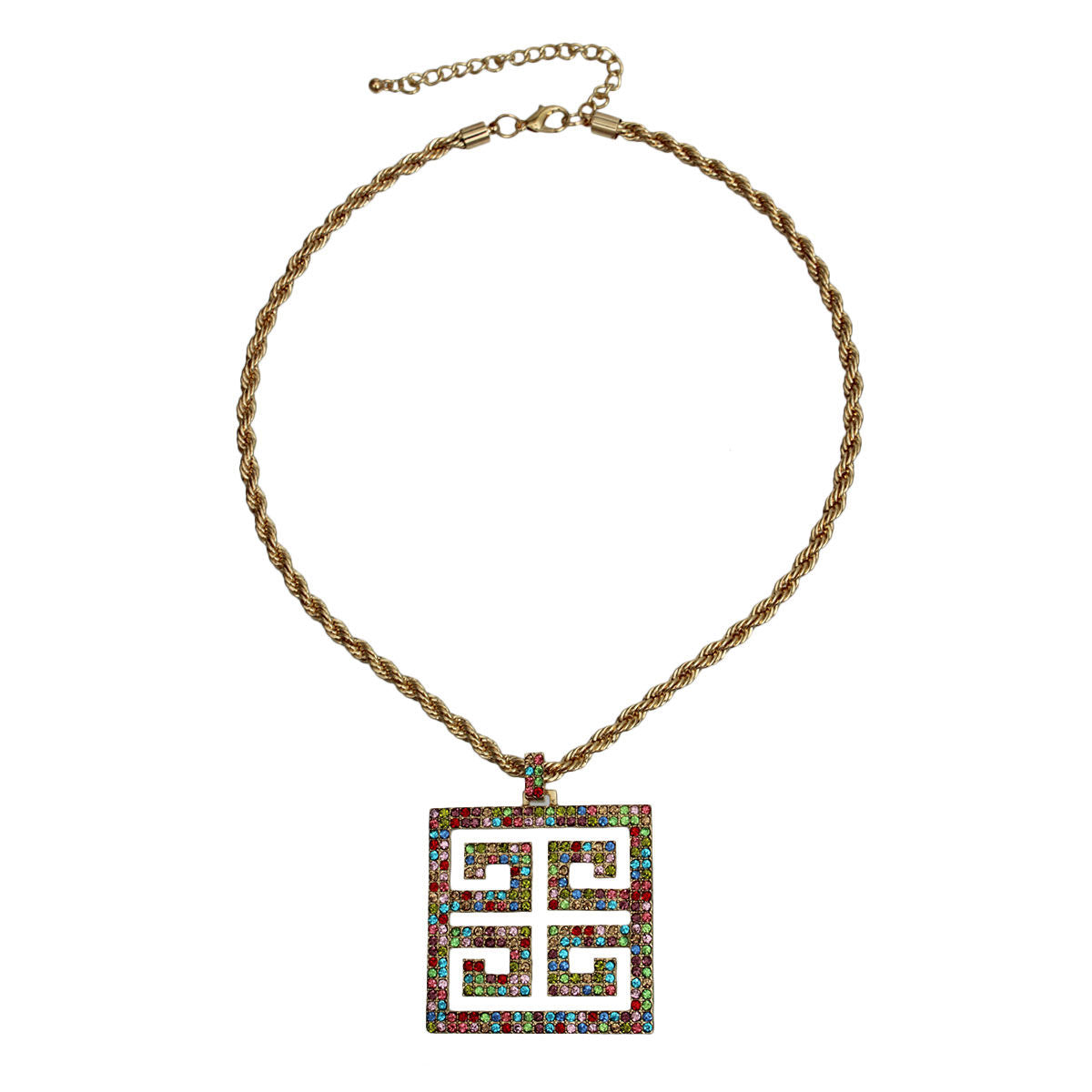 Multi-Color Rhinestone Greek Key Pendant Rope Chain Necklace