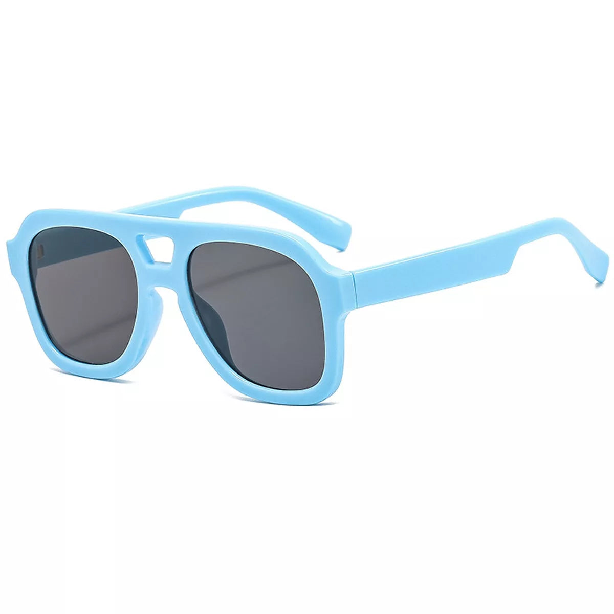 Pastel blue oversized aviator sunglasses with dark gray lenses, chunky frames, and wide matching temples on white