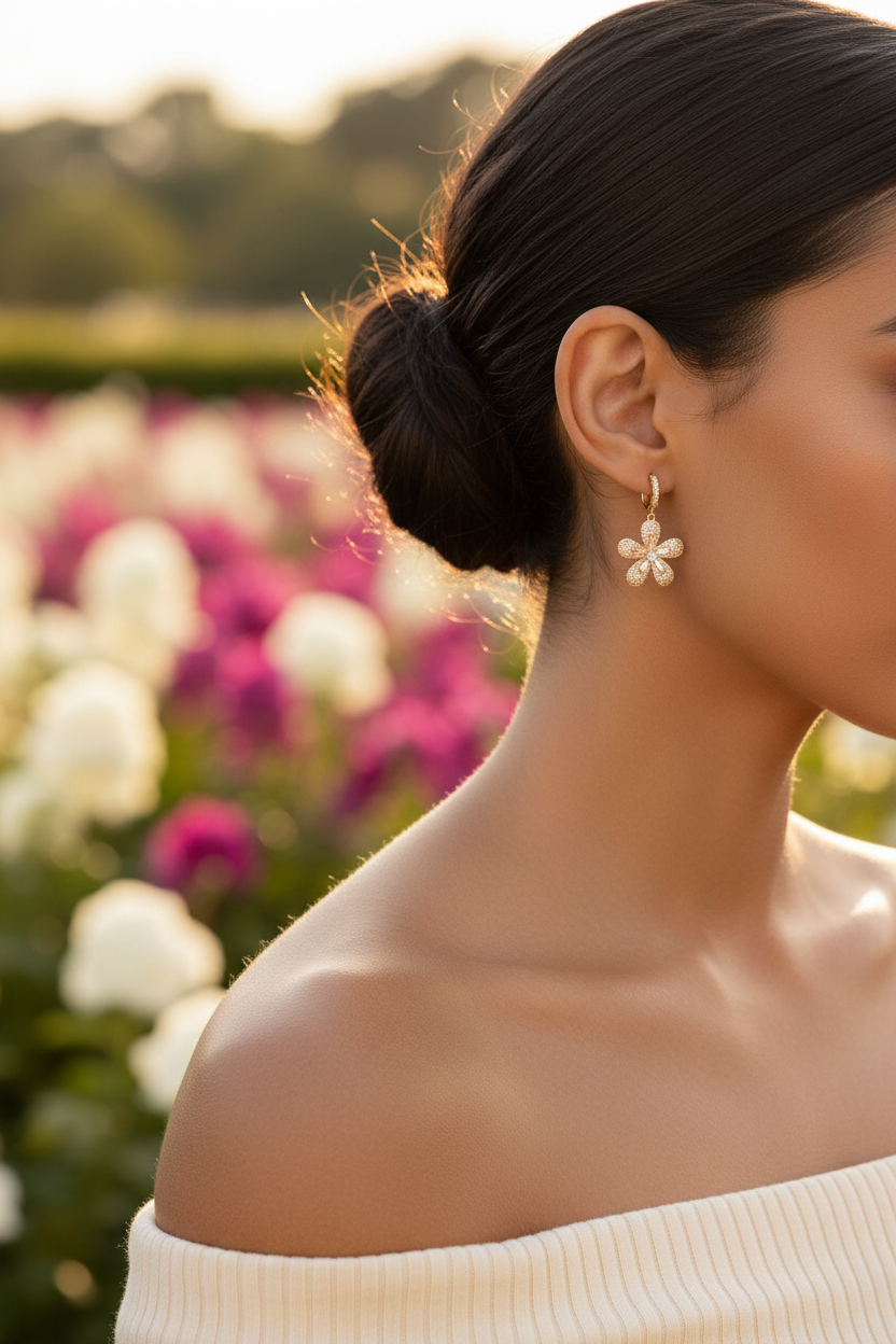 14K Gold CZ Flower Huggie Hoop Earrings Lifestyle