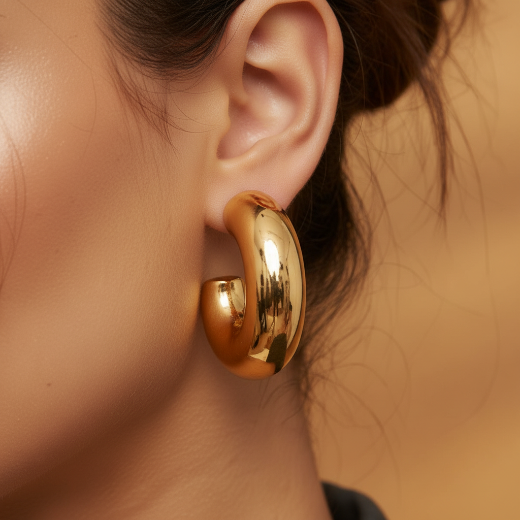 Close-up of woman's ear wearing 14K gold plated chunky puffy hoop earring with post back closure, thick smooth high-polish gold tube hoop, warm studio background, dark hair in updo