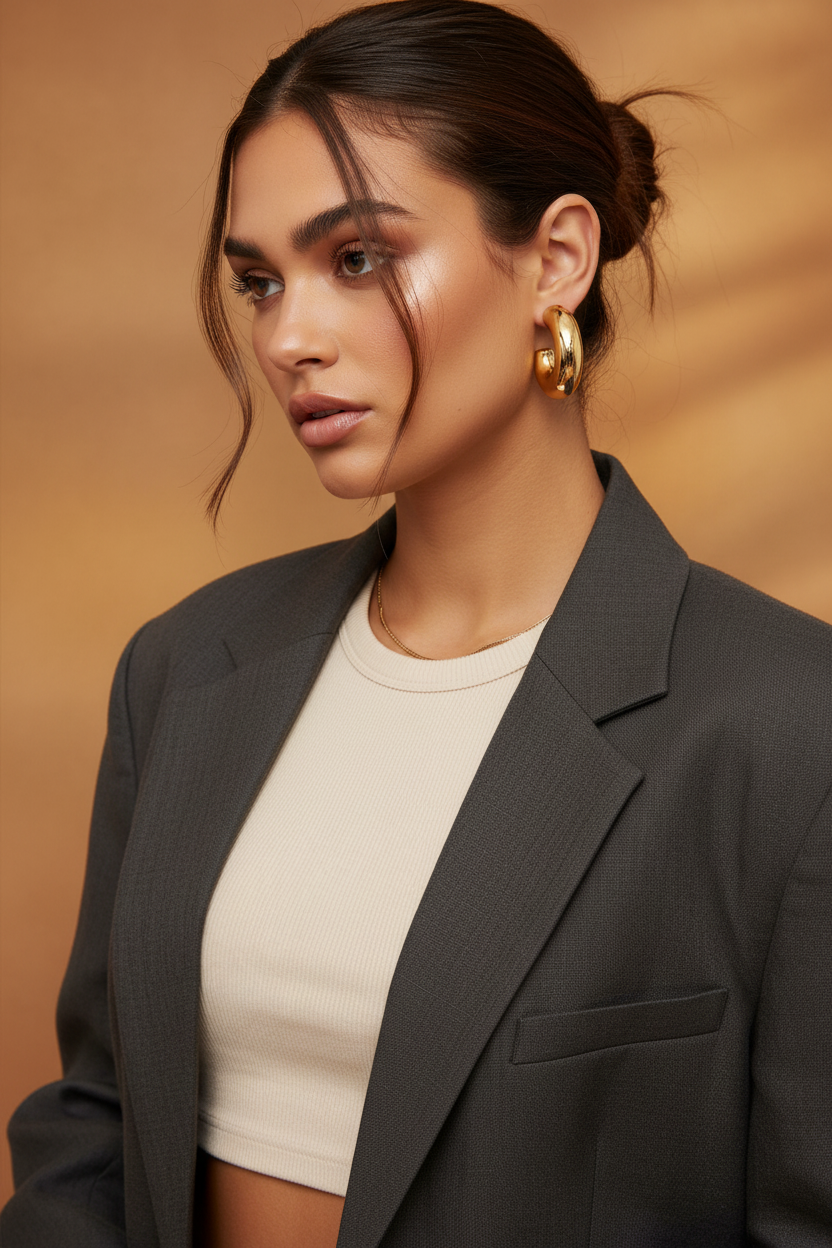 Young woman wearing 14K gold plated chunky puffy hoop earrings styled with dark oversized blazer and cream crop top, hair in loose bun, warm golden studio background, editorial fashion look