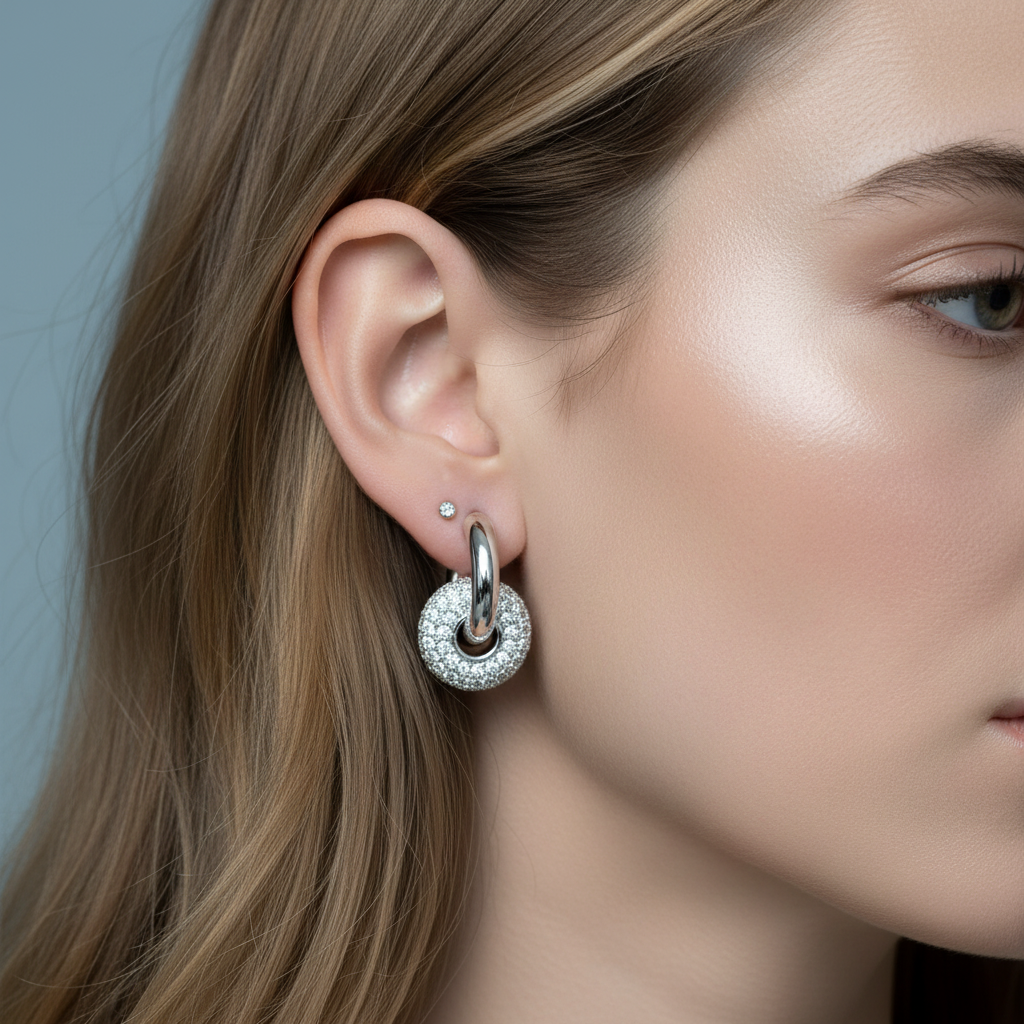 Close-up of woman's ear wearing 14K white gold plated CZ pavé ring huggie hoop earring stacked with a small CZ stud, polished silver-tone huggie hoop with sparkling pavé ball ring detail, gray studio background