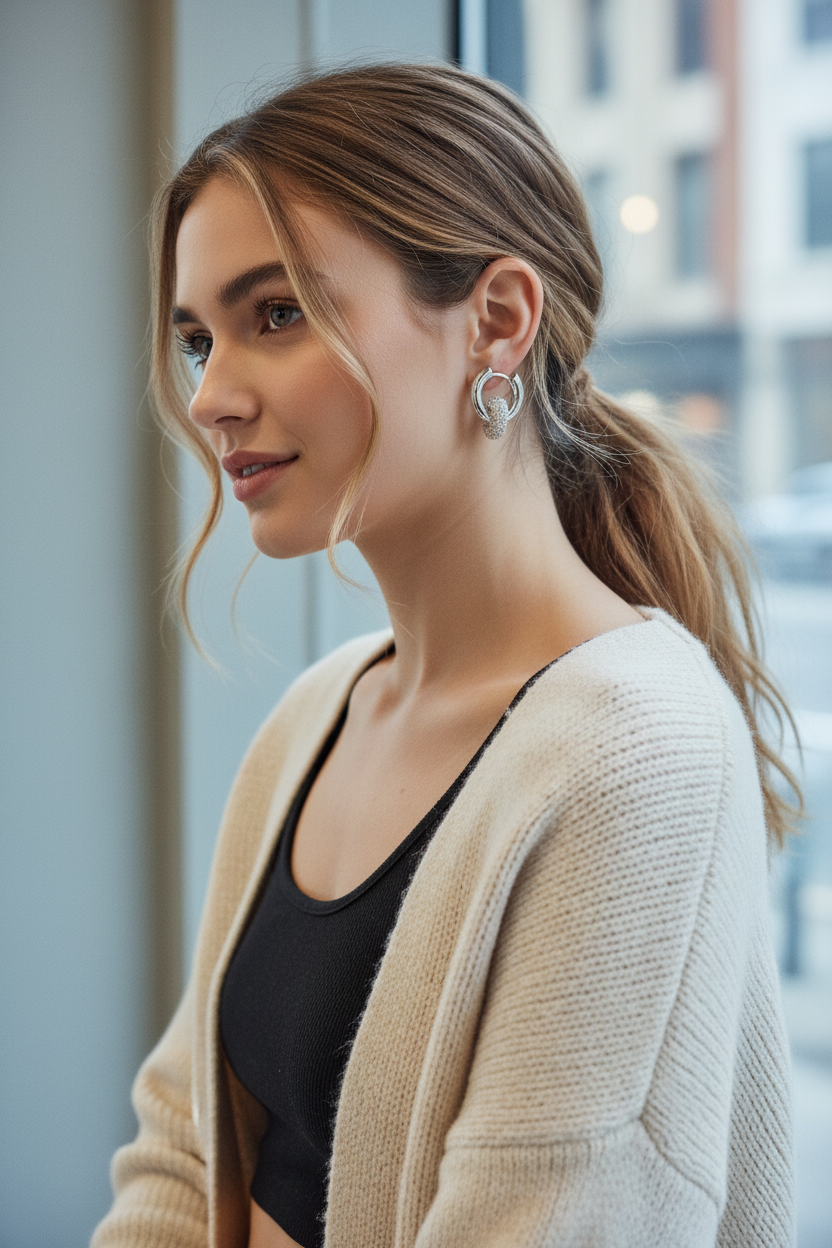 Young woman wearing 14K white gold plated CZ pavé ring huggie hoop earrings with low ponytail and beige cardigan, urban window background, silver-tone huggie hoop with pavé ring detail