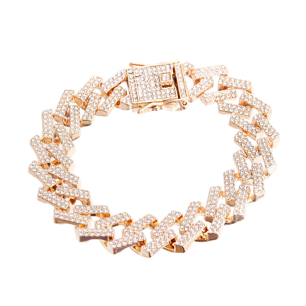 Overhead flat lay of a wide chunky fully pave clear rhinestone square Cuban chain link bracelet in rose gold tone arranged in a circle on a white background. A large square rhinestone-crusted flip lock box clasp with a hinged safety bar is visible at the top, fully covered in clear rhinestones with gold tone metal detailing.