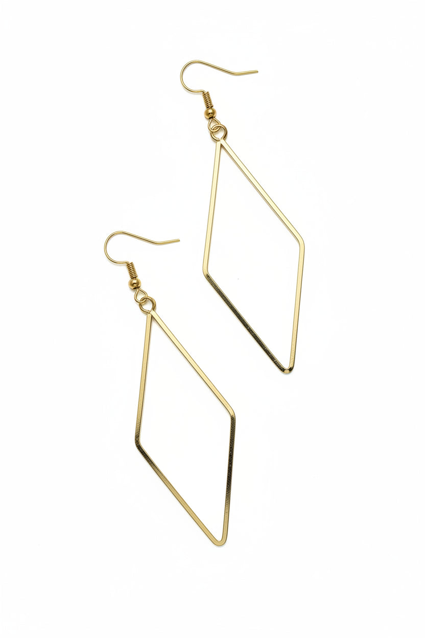 Pair of women's gold open diamond drop earrings with slim flat gold wire rhombus silhouette, small gold jump ring, and gold fish hook ear wire with ball accent, white background