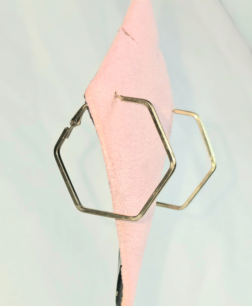 Hexagonal hoop earrings in silver and gold-tone metals, shown hanging against a pale light blue background with a pink fabric prop.