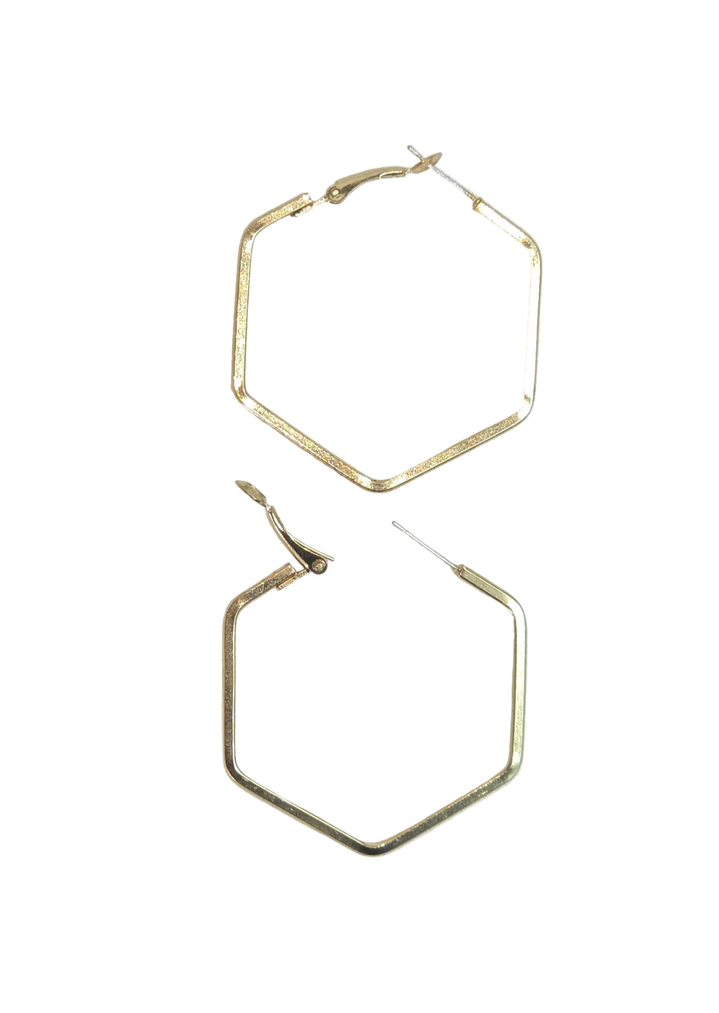 A pair of gold-toned hexagonal hoop earrings with post-back closures, displayed on a light off-white background.