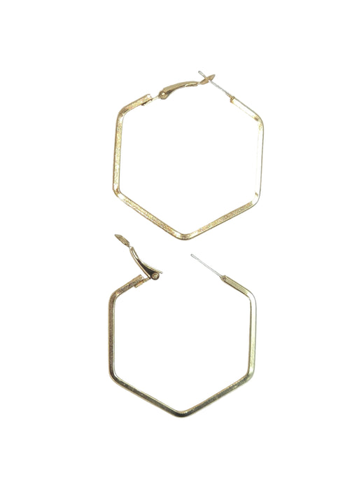 A pair of gold-toned hexagonal hoop earrings with post-back closures, displayed on a light off-white background.