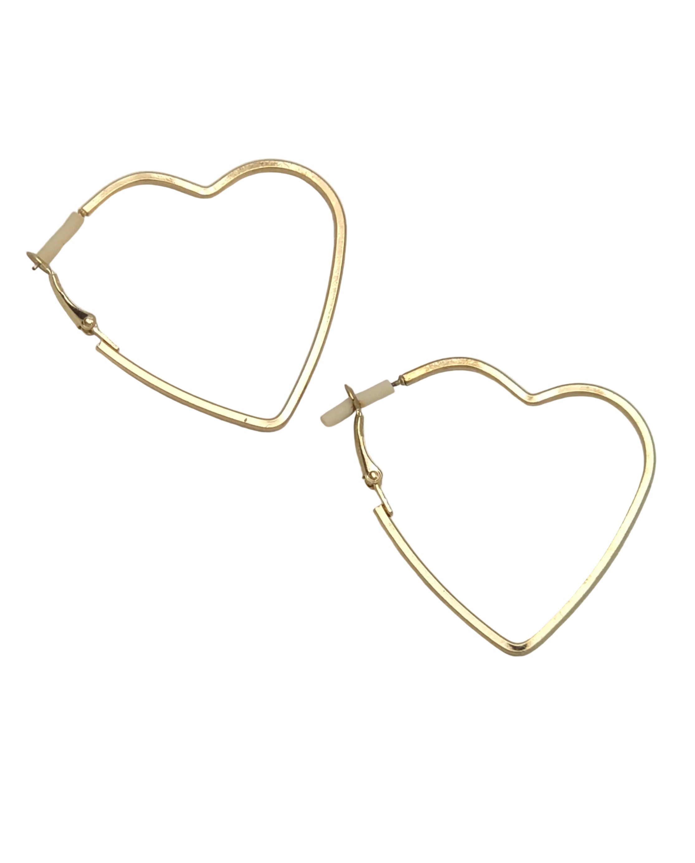 A pair of gold heart-shaped hoop earrings with a thin wire design and secure closures, displayed on a light white background.