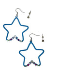 A pair of blue rope star dangle earrings with small multicolor rhinestones along the bottom curve, shown on a white background with two silver fishhook ear wires.