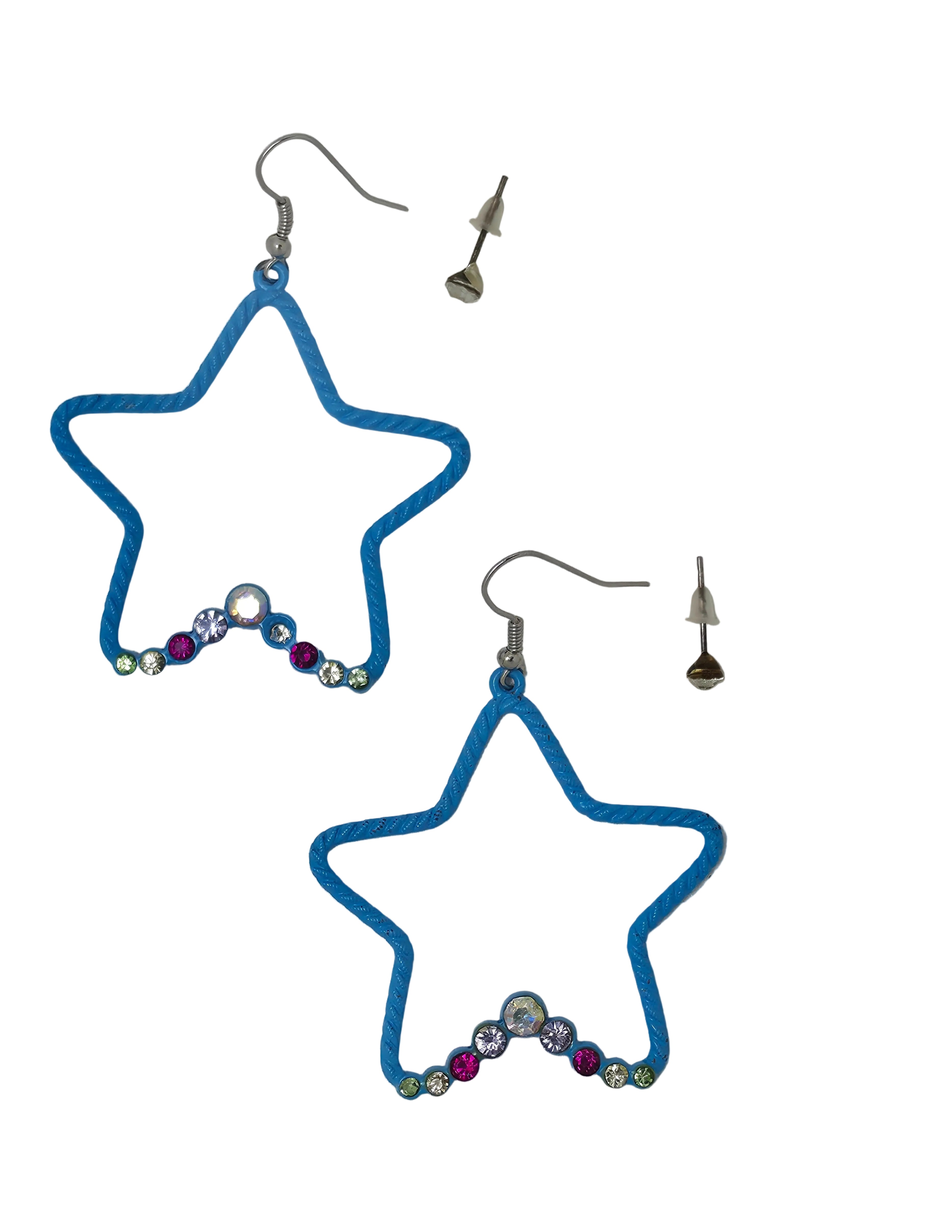 A pair of blue rope star dangle earrings with small multicolor rhinestones along the bottom curve, shown on a white background with two silver fishhook ear wires.