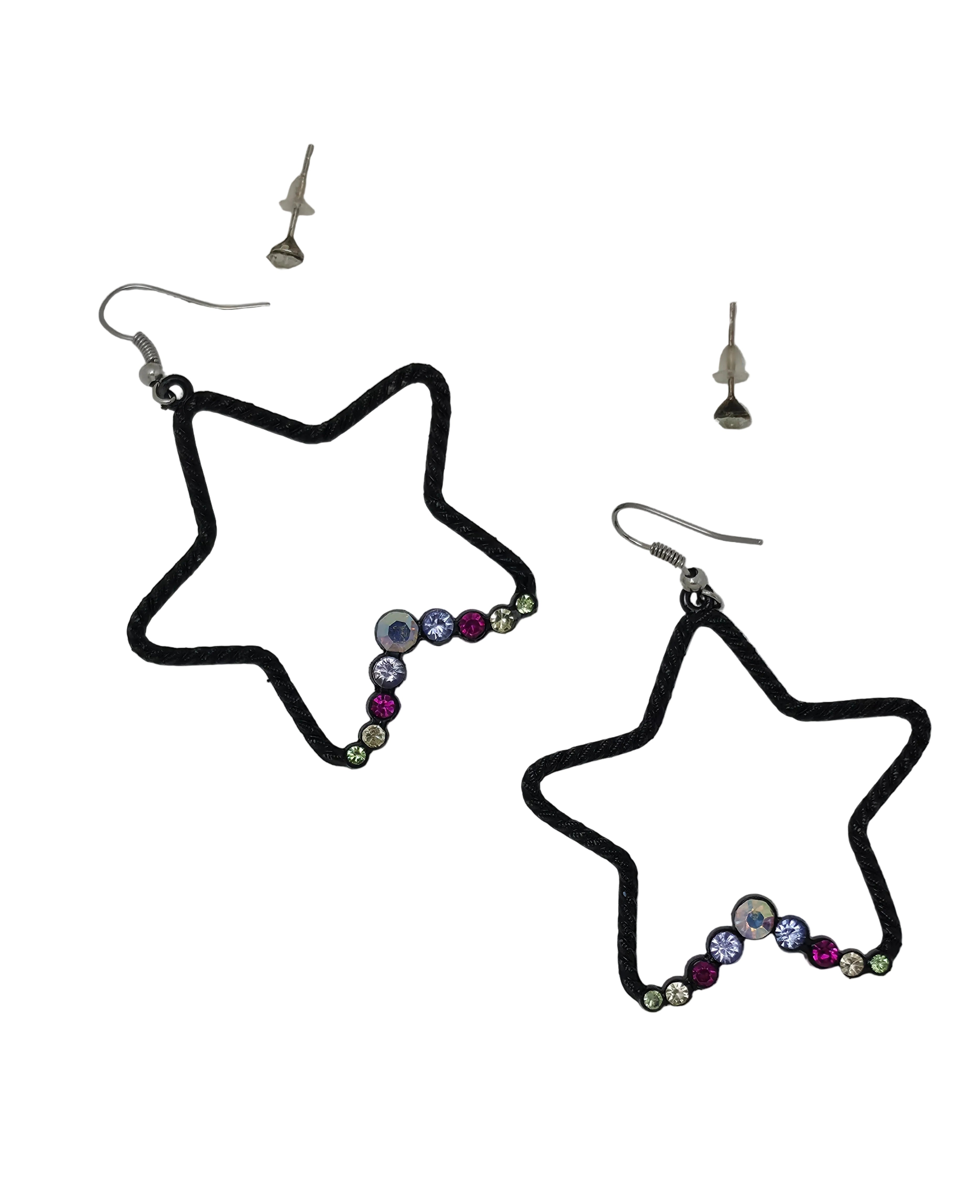 A pair of black star-shaped dangle earrings with small iridescent rhinestones along the bottom edge, shown on a white background with two silver fishhook ear wires visible.
