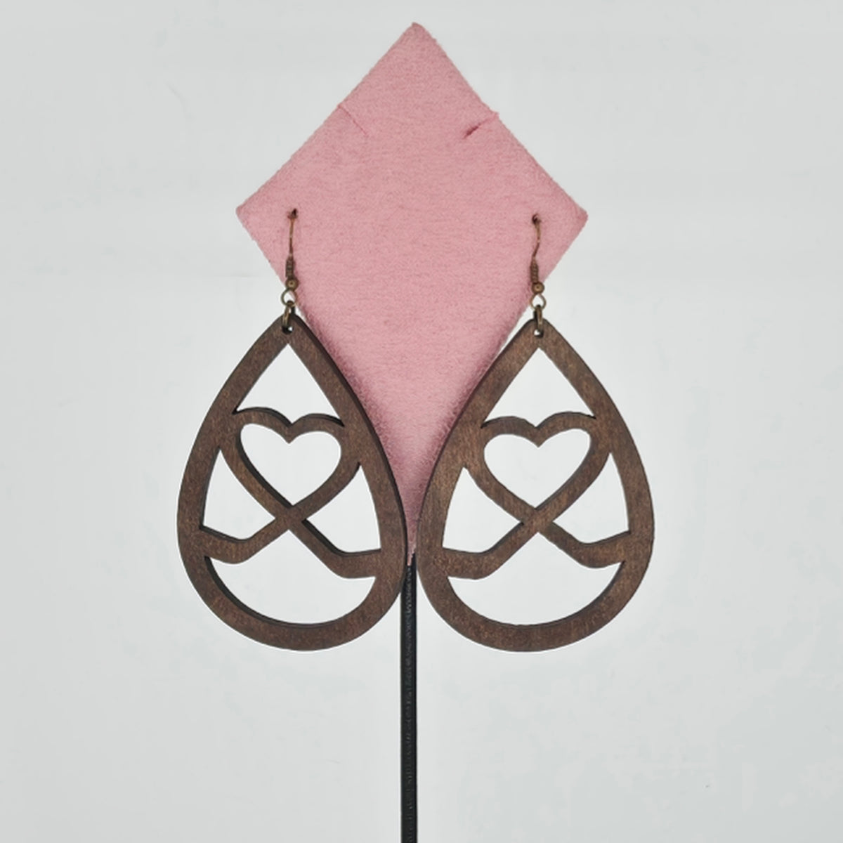 Women's Wooden Teardrop Earrings, Interlocking Heart Design