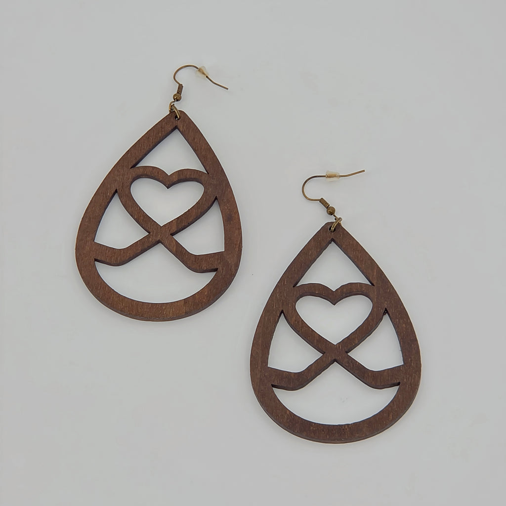 Women's Wooden Teardrop Earrings, Interlocking Heart Design