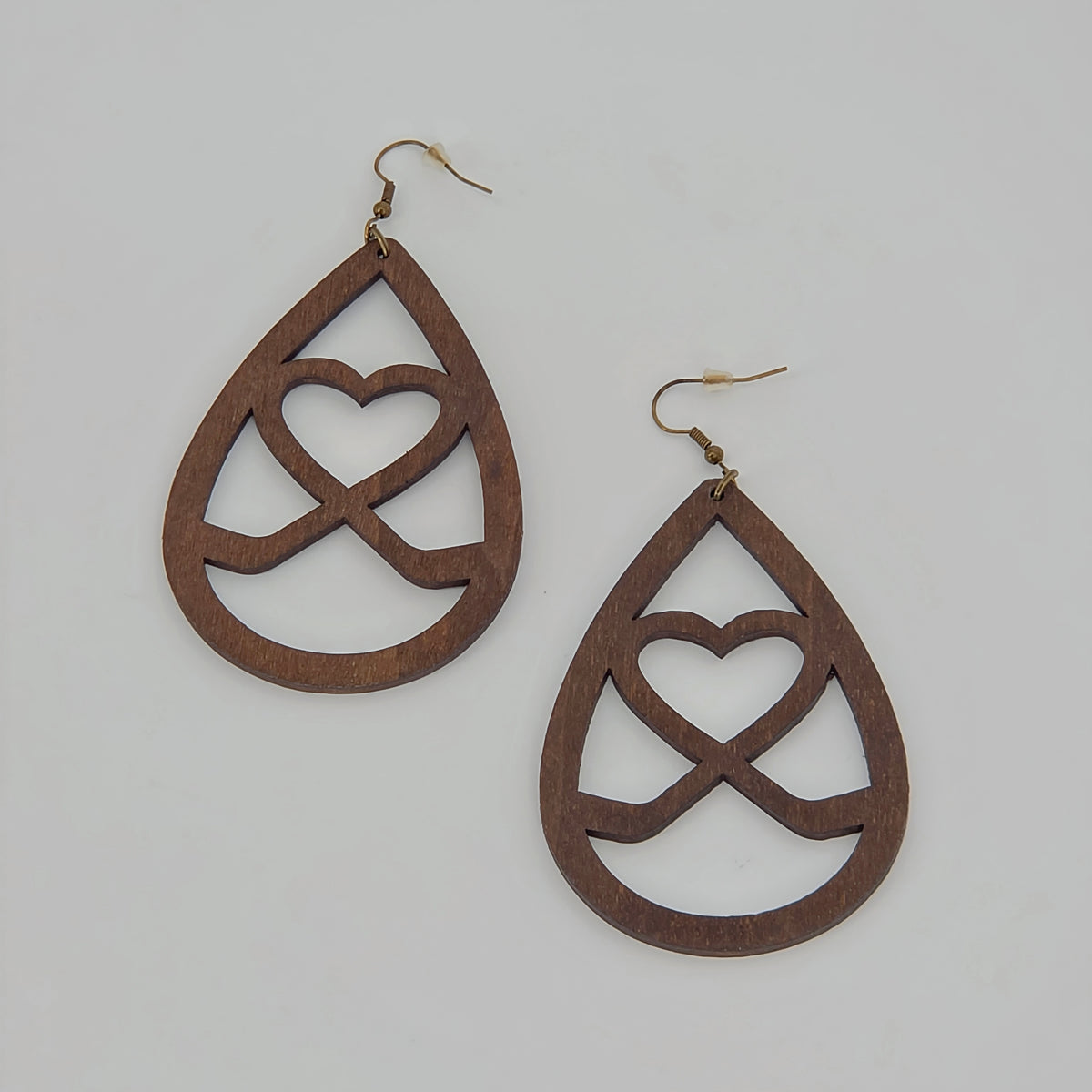 Women's Wooden Teardrop Earrings, Interlocking Heart Design