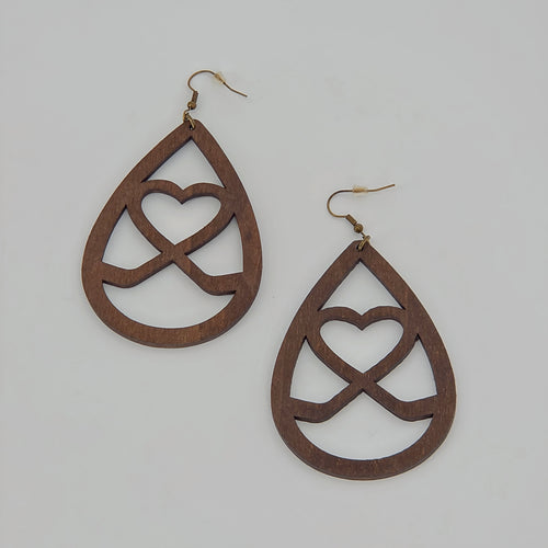 Women's Wooden Teardrop Earrings, Interlocking Heart Design