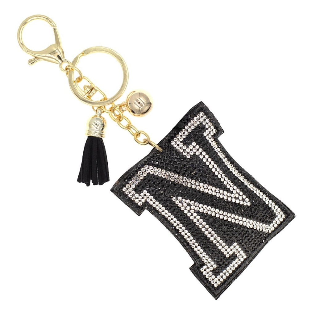N Initial Black Rhinestone Padded Charm Keychain | Gold Bag Charm
