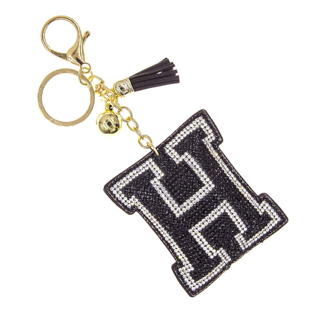 H Initial Black Rhinestone Padded Charm Keychain | Gold Bag Charm