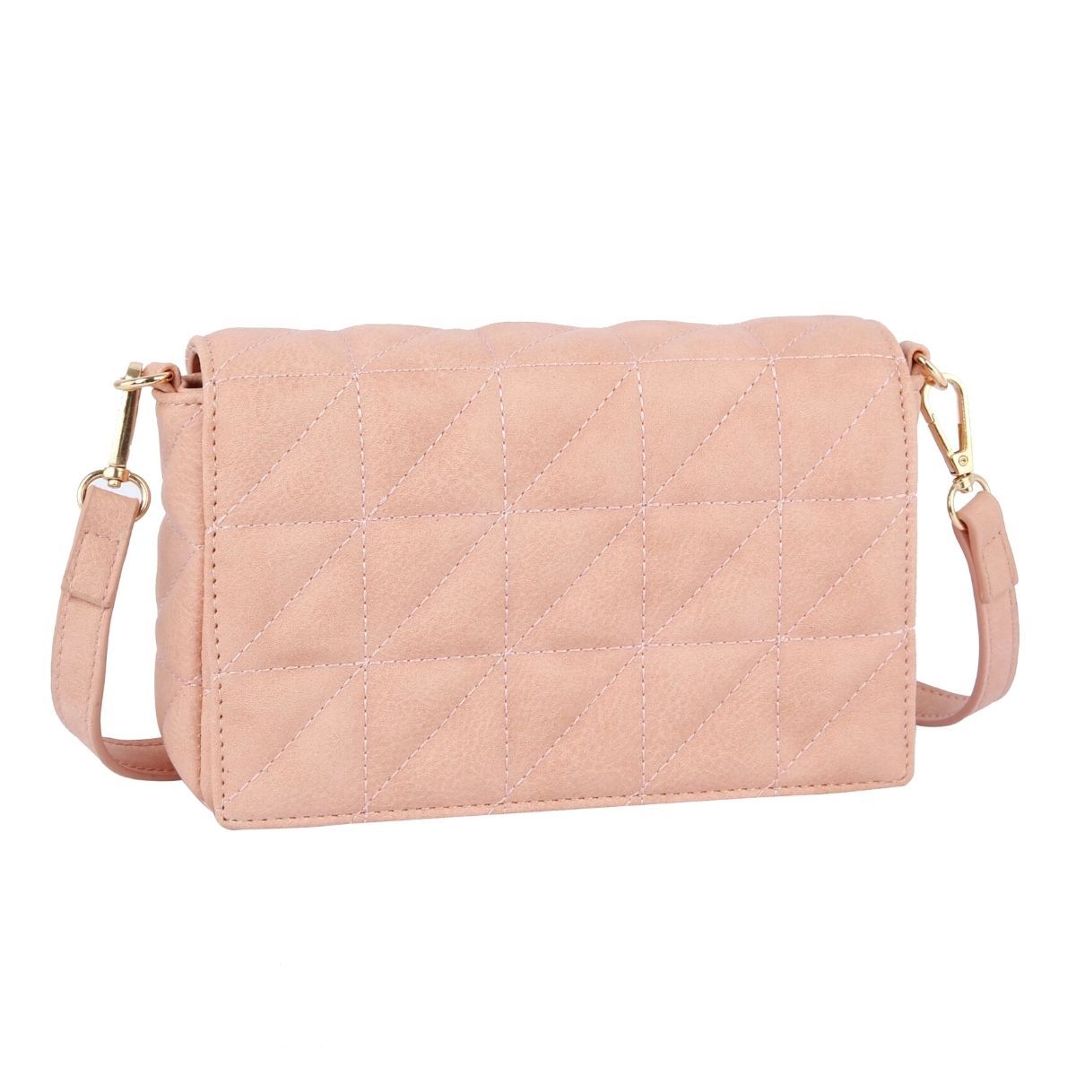 Blush quilted vegan leather boxy crossbody bag with flap-and-snap closure and detachable shoulder strap