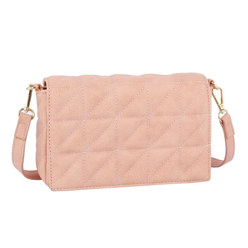 Blush quilted vegan leather boxy crossbody bag with flap-and-snap closure and detachable shoulder strap
