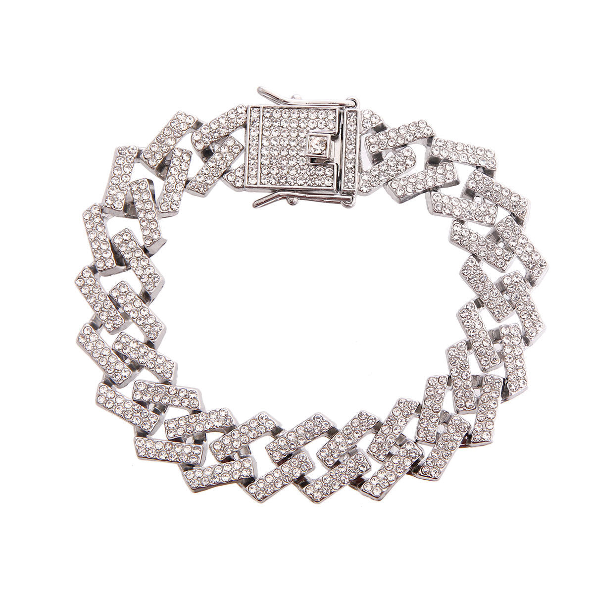 Overhead flat lay of a wide chunky fully pave clear rhinestone square Cuban chain link bracelet in rhodium silver tone arranged in a circle on a white background. A large square rhinestone-crusted flip lock box clasp with a hinged safety bar is visible at the top, fully covered in clear rhinestones.