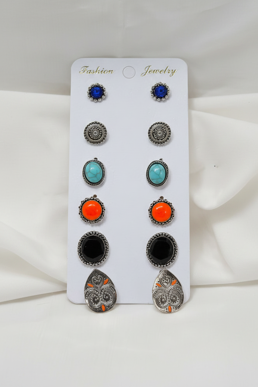 Women's 6-Pair Boho Mixed Stud Earring Set Silver Tone