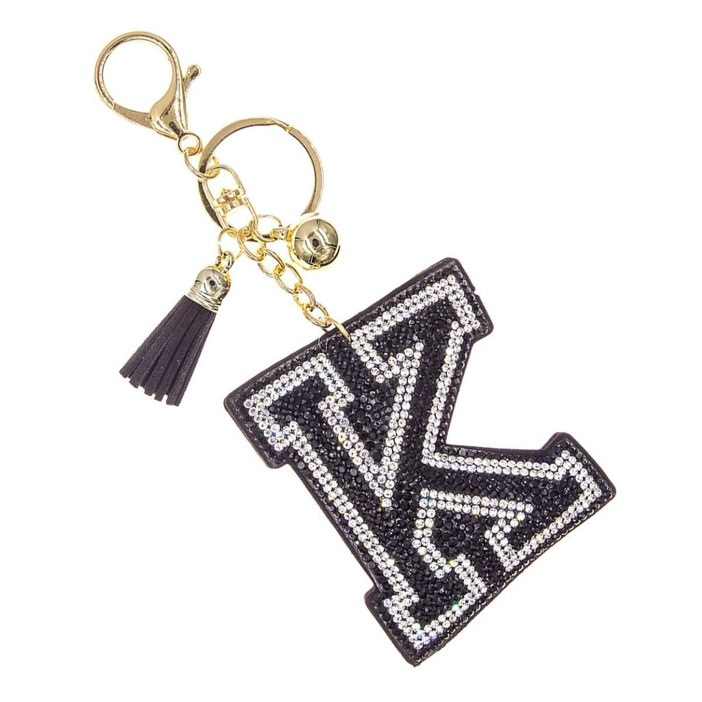 K Initial Black Rhinestone Padded Charm Keychain | Gold Bag Charm