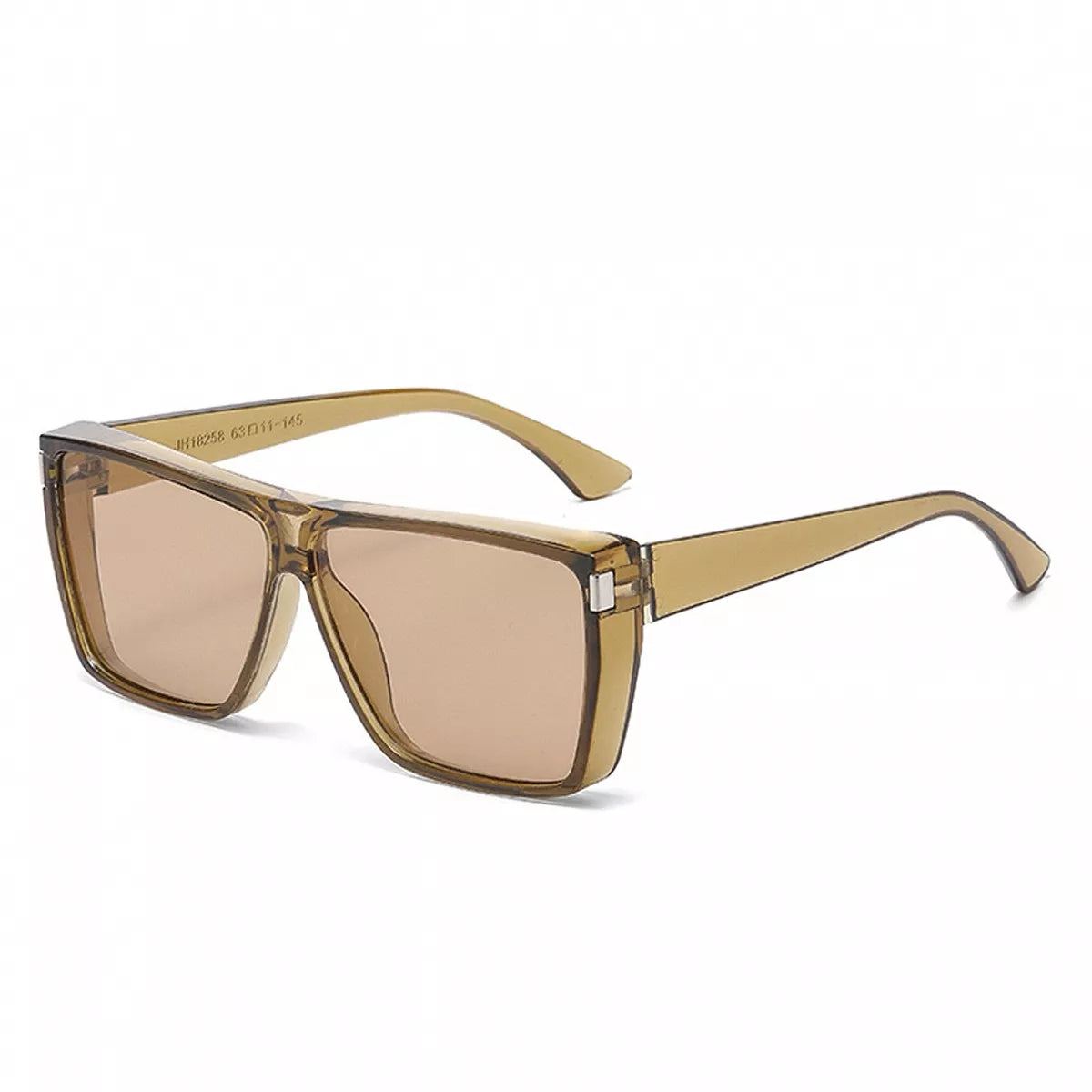 Translucent olive-brown flat-top square sunglasses with light brown lenses and silver-tone corner accents on a white background