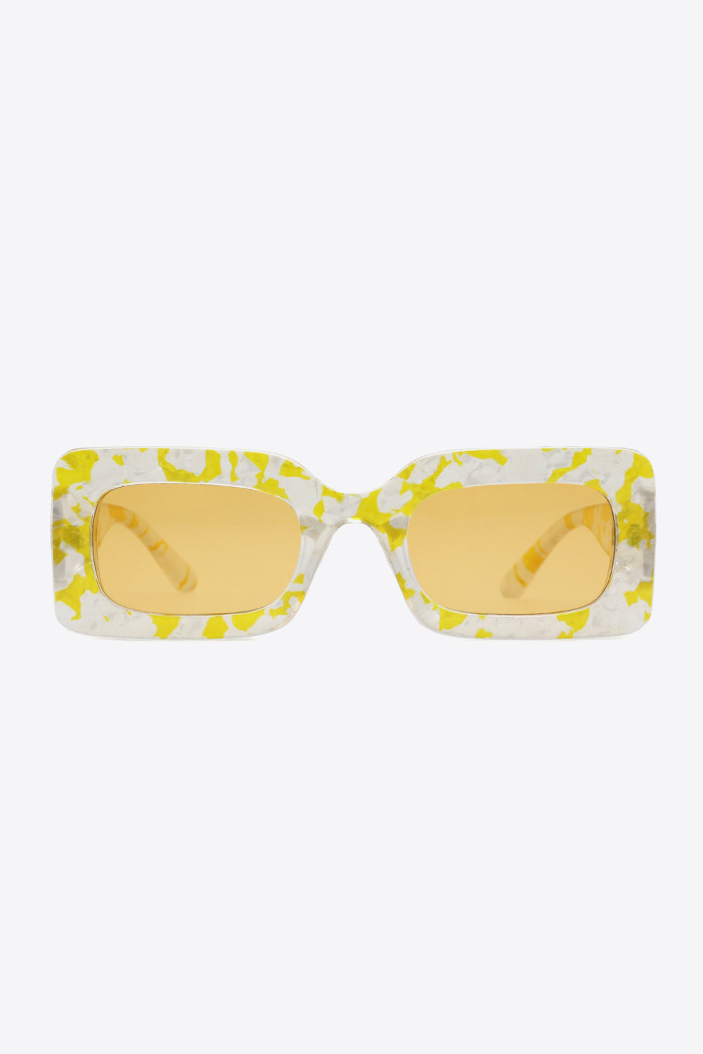Front view of Butter Yellow rectangle sunglasses with a yellow-and-clear patterned frame and yellow-tinted lenses