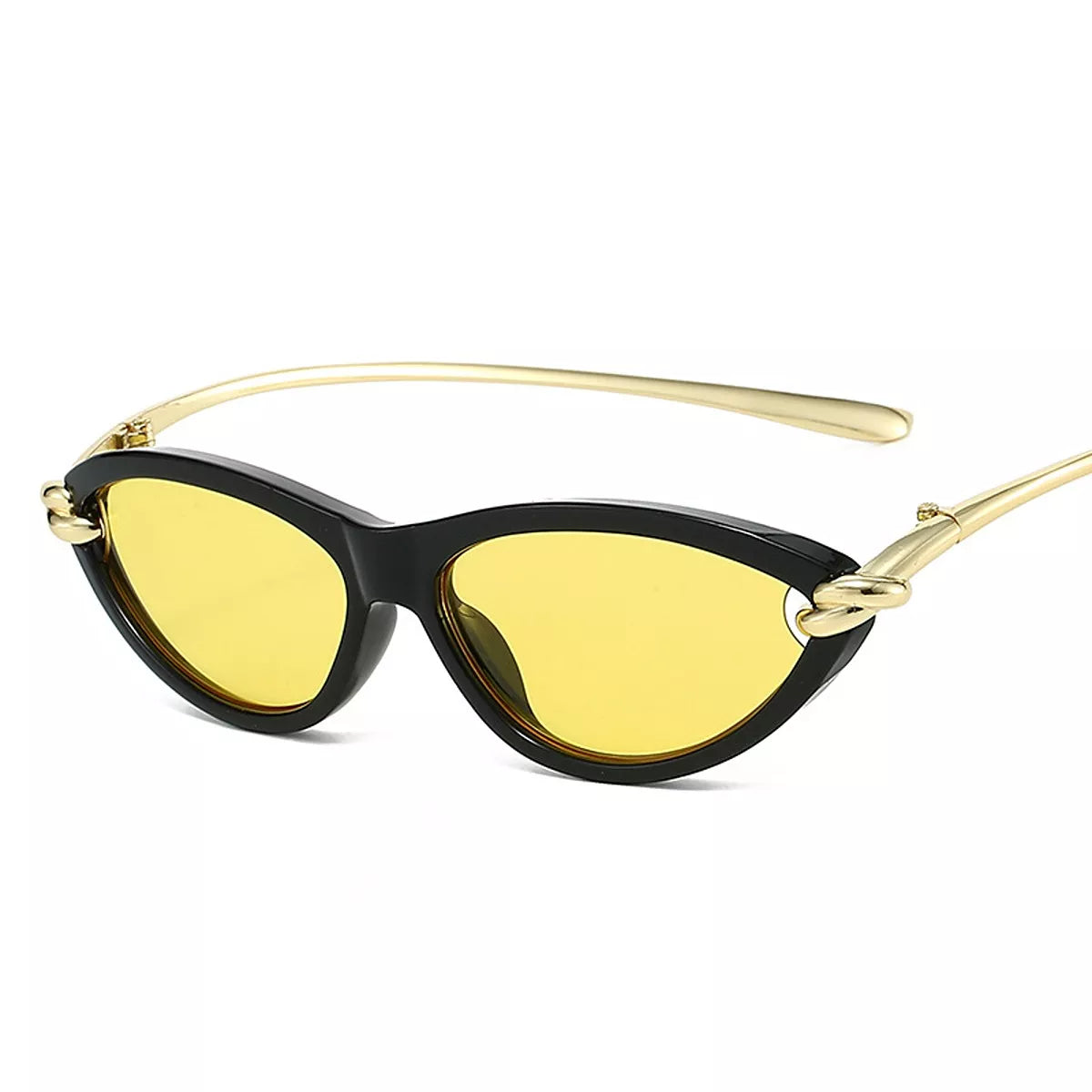 Black cat-eye sunglasses with yellow tinted lenses, slender gold-tone temples, and knot-style corner accents on a white background