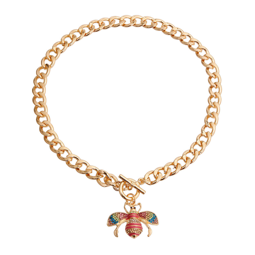 Gold Multi-Color Rhinestone Bee Charm Toggle Necklace