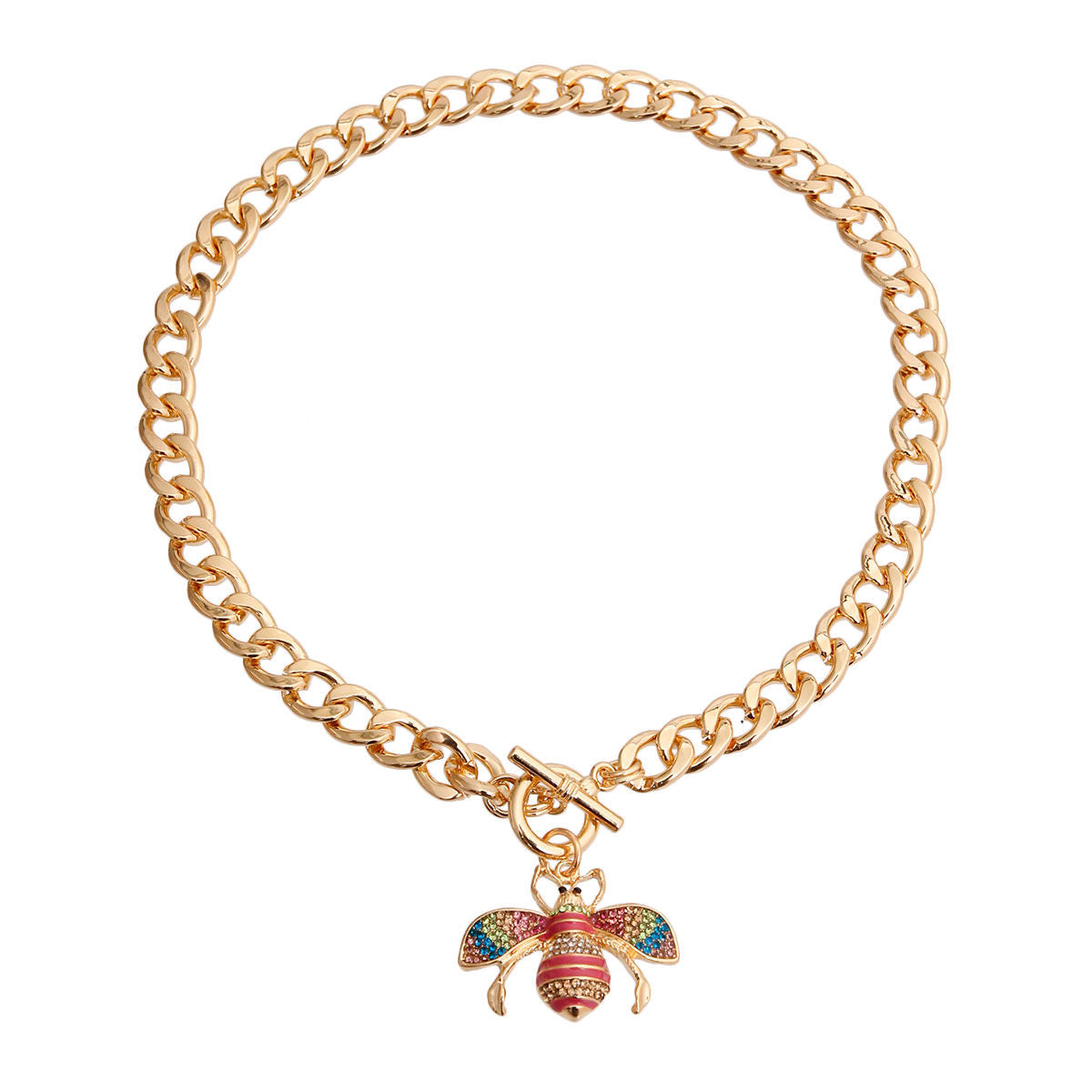 Gold Multi-Color Rhinestone Bee Charm Toggle Necklace