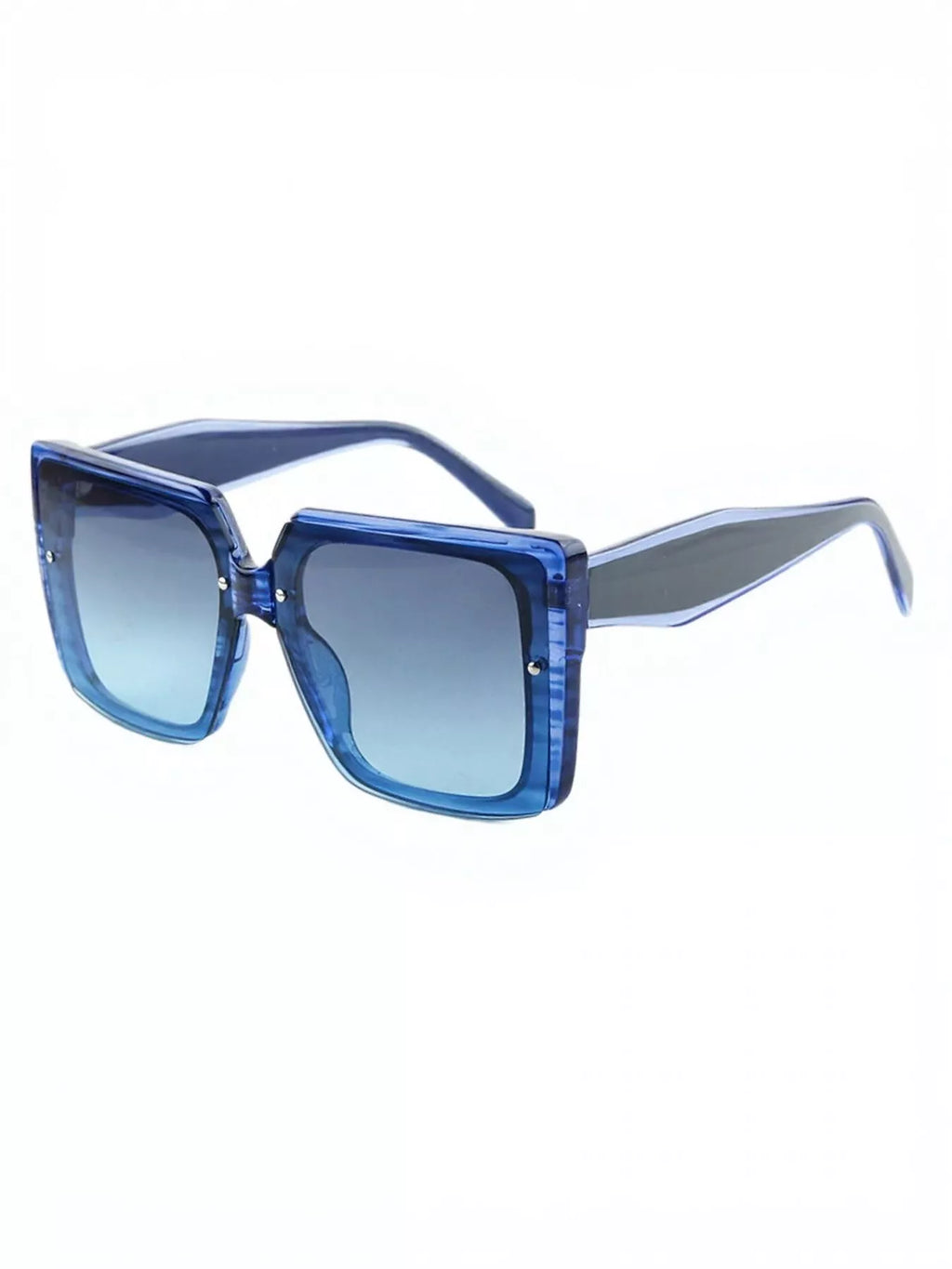 Blue oversized square sunglasses with gradient lenses and open temples, displayed on a white background