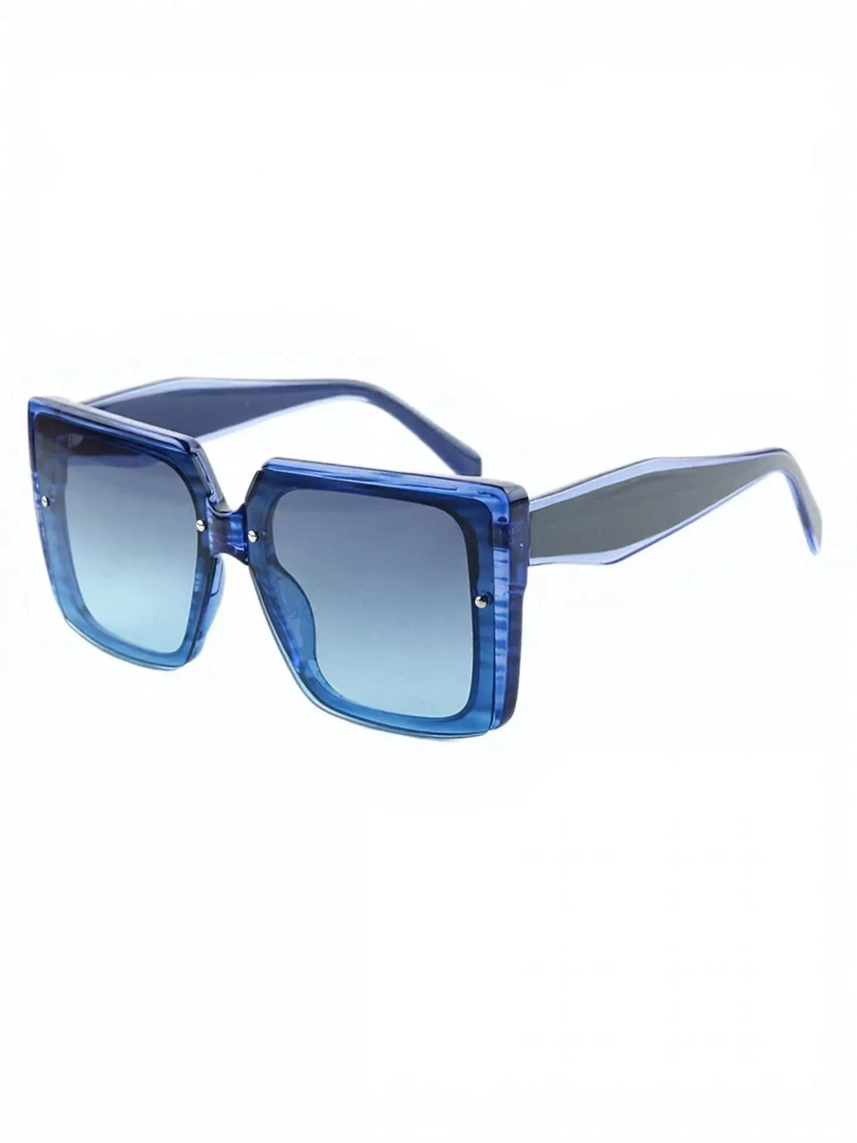 Blue oversized square sunglasses with gradient lenses and open temples, displayed on a white background