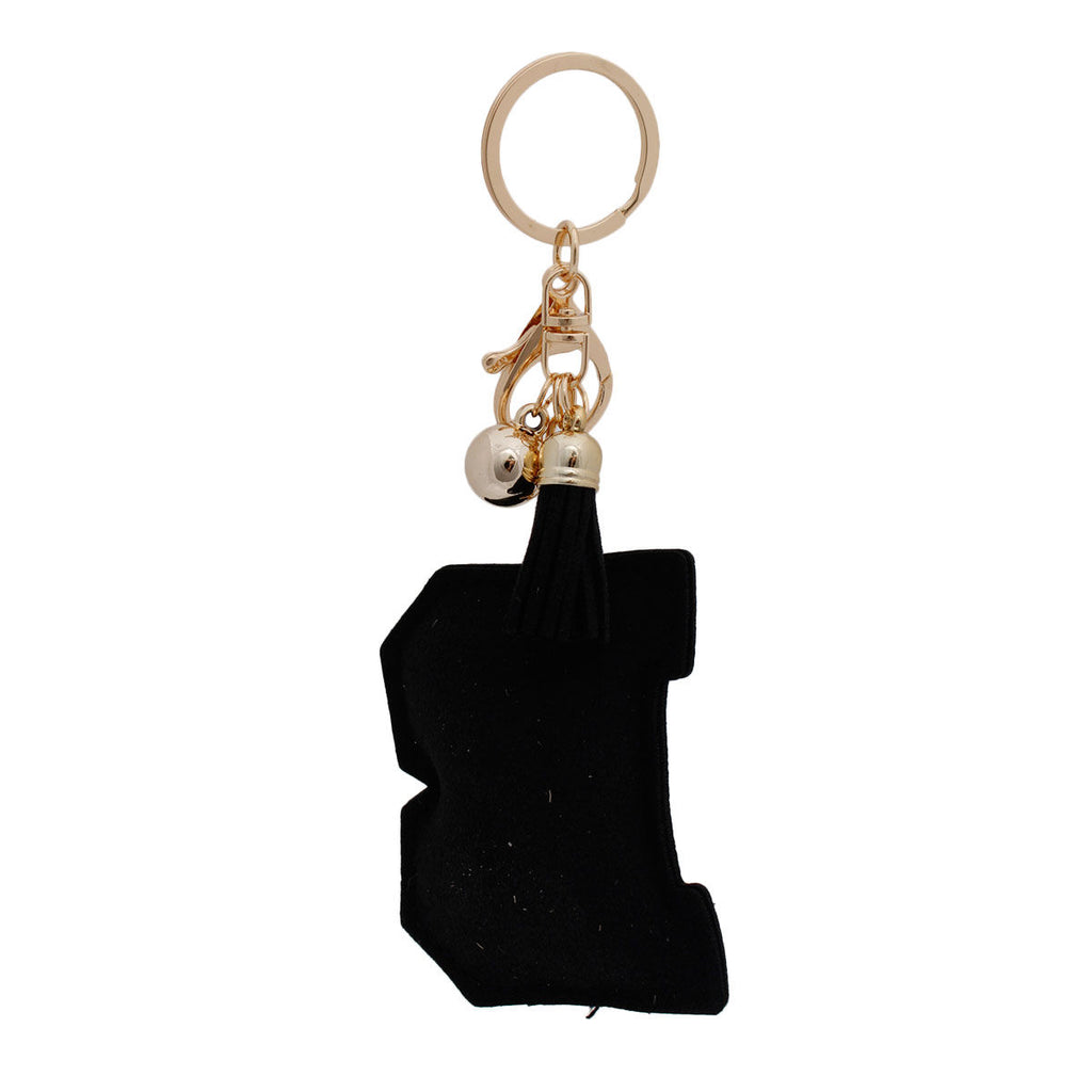 B Initial Black Rhinestone Padded Charm Keychain | Gold Bag Charm