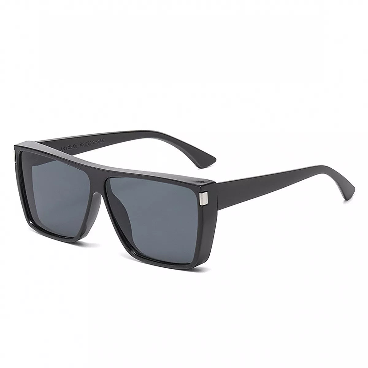 Black flat-top square sunglasses with light brown tinted lenses and silver-tone corner accents on a white background