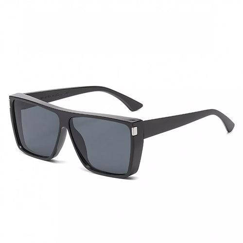 Black flat-top square sunglasses with light brown tinted lenses and silver-tone corner accents on a white background