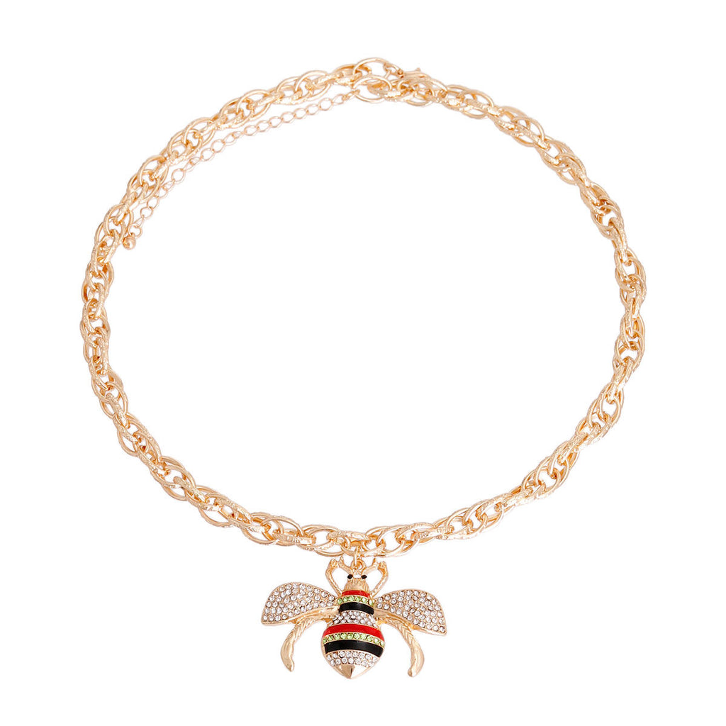 Gold Double Layer Oval Chain Bee Pendant Necklace | Red & Black Rhinestones