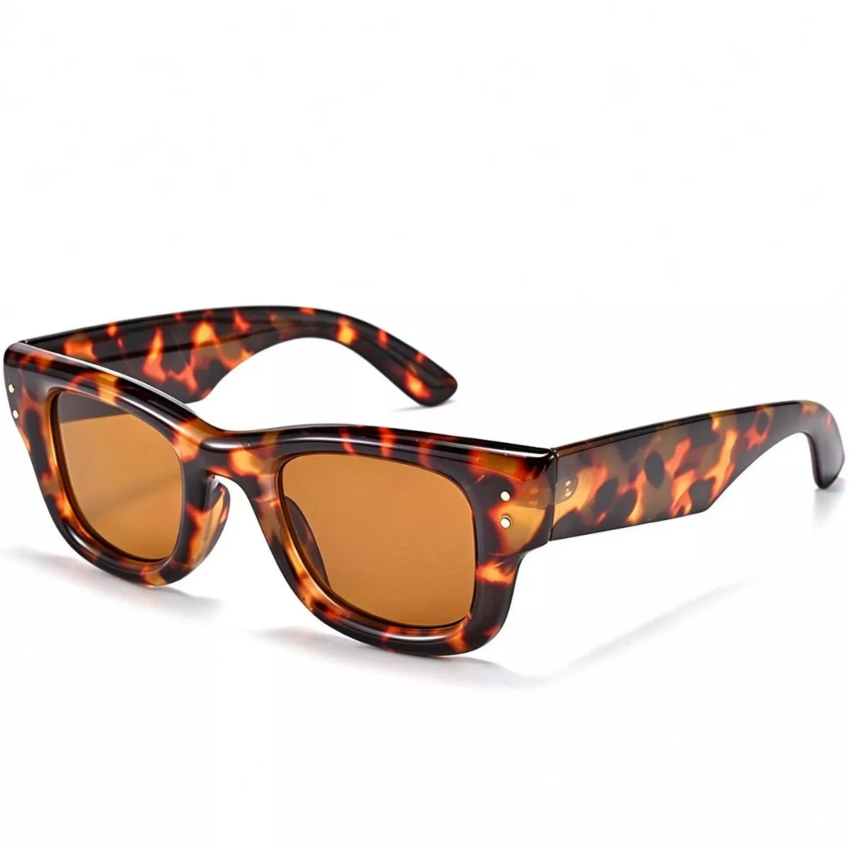 Tortoiseshell-pattern square sunglasses with amber lenses, wide brown-and-amber temples, and paired metallic corner details on a white background