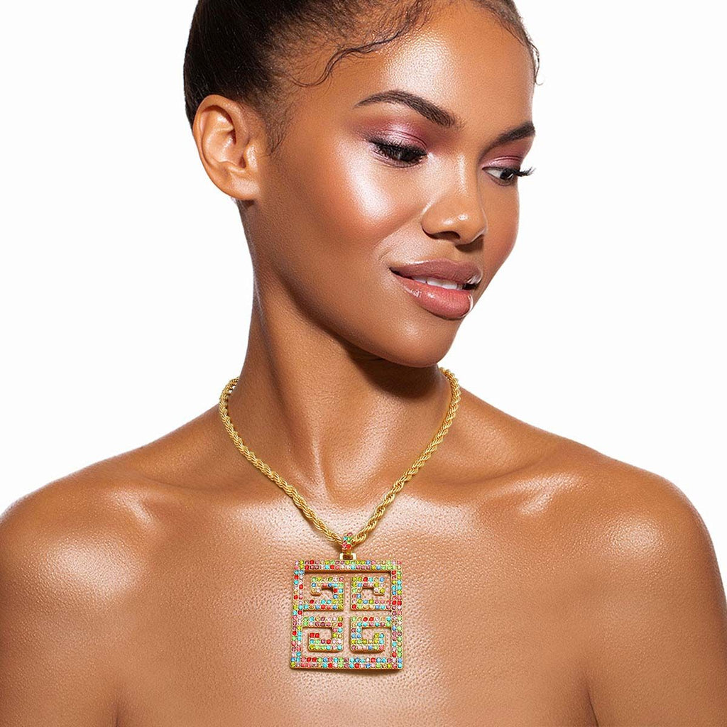 Multi-Color Rhinestone Greek Key Pendant Rope Chain Necklace