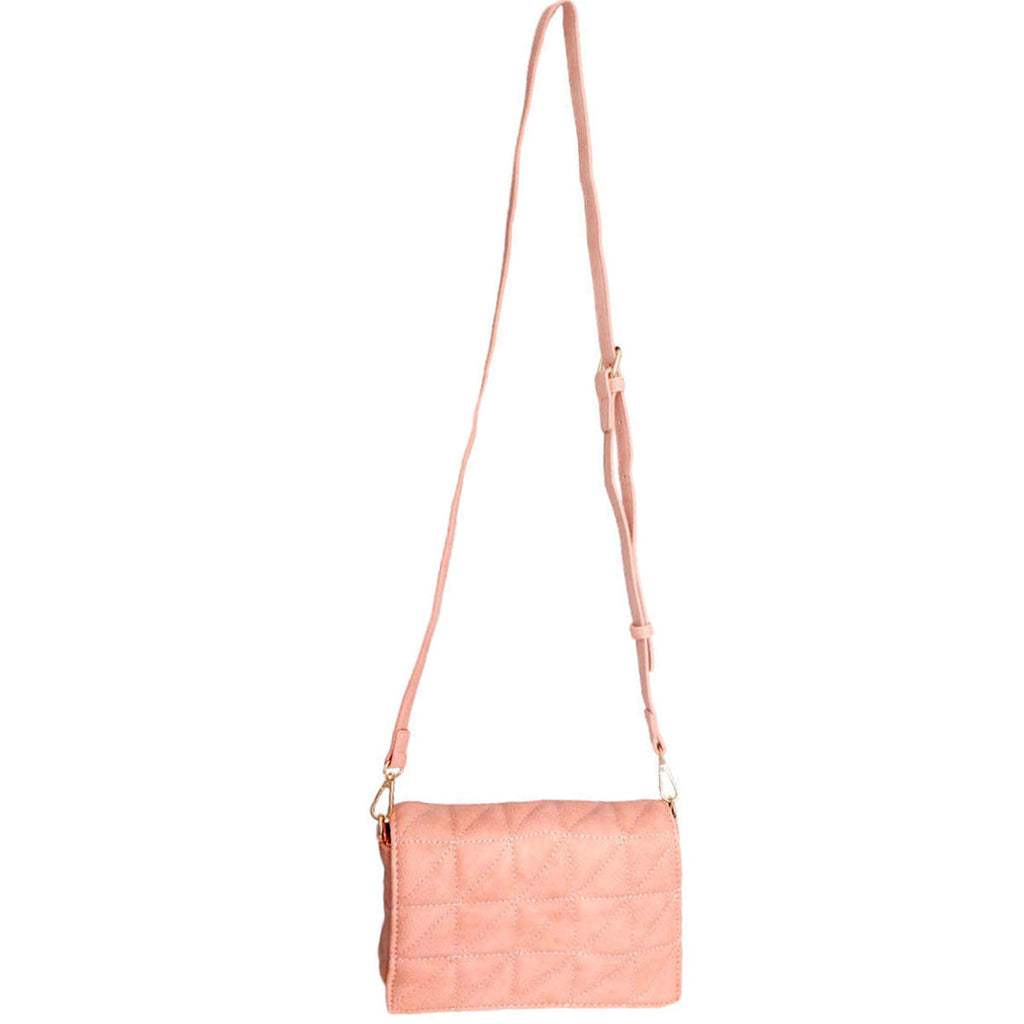 Blush quilted vegan leather boxy crossbody bag with flap-and-snap closure and detachable shoulder strap