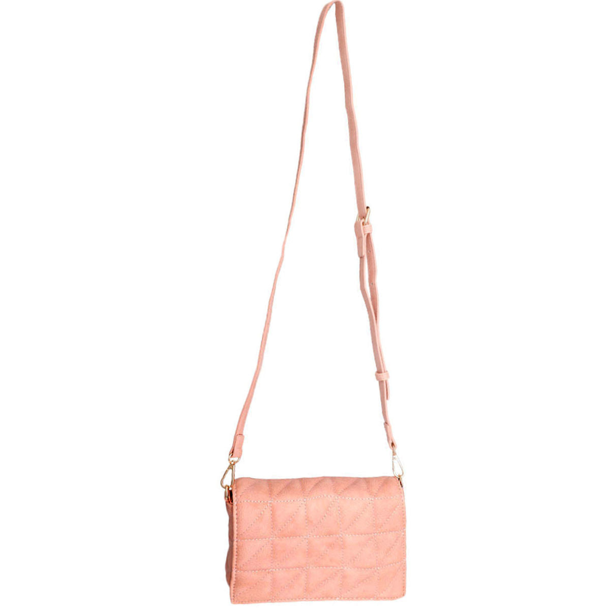 Blush quilted vegan leather boxy crossbody bag with flap-and-snap closure and detachable shoulder strap
