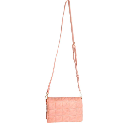 Blush quilted vegan leather boxy crossbody bag with flap-and-snap closure and detachable shoulder strap