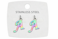 A pair of stainless steel initial earrings shaped like the letter 'A', featuring an iridescent pastel rainbow finish, displayed on a white backing card labeled 'STAINLESS STEEL'.