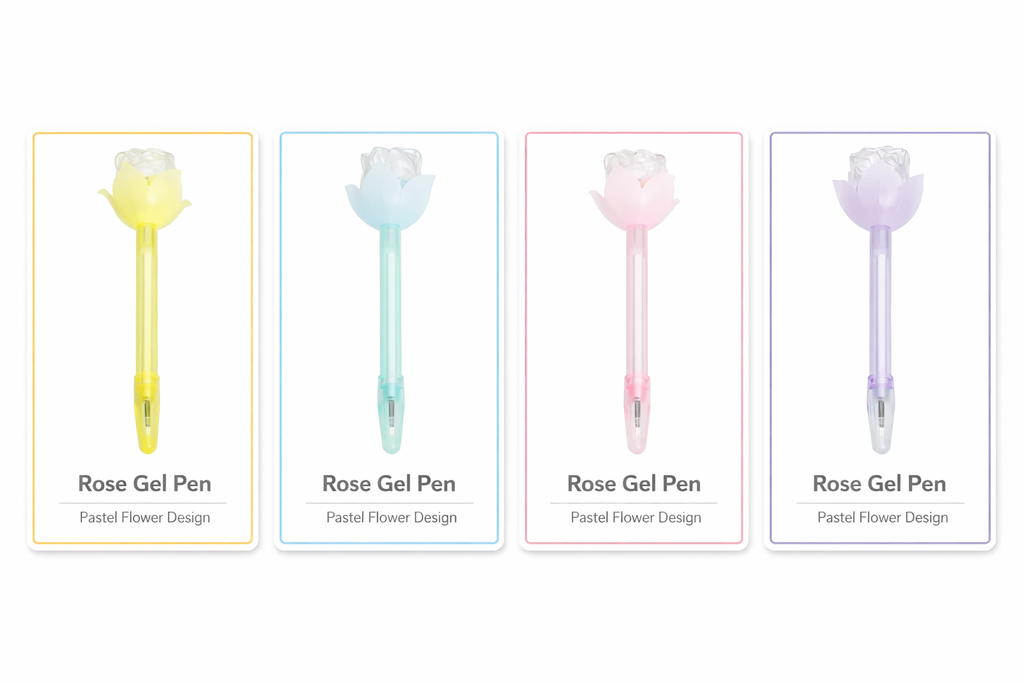 Four pastel plastic rose bud ballpoint pens displayed in individual color-bordered cards on a white background. From left to right: yellow pen with clear rose bud topper, blue pen with clear rose bud topper, pink pen with clear rose bud topper, and lavender pen with clear rose bud topper. Each card is labeled Rose Gel Pen, Pastel Flower Design