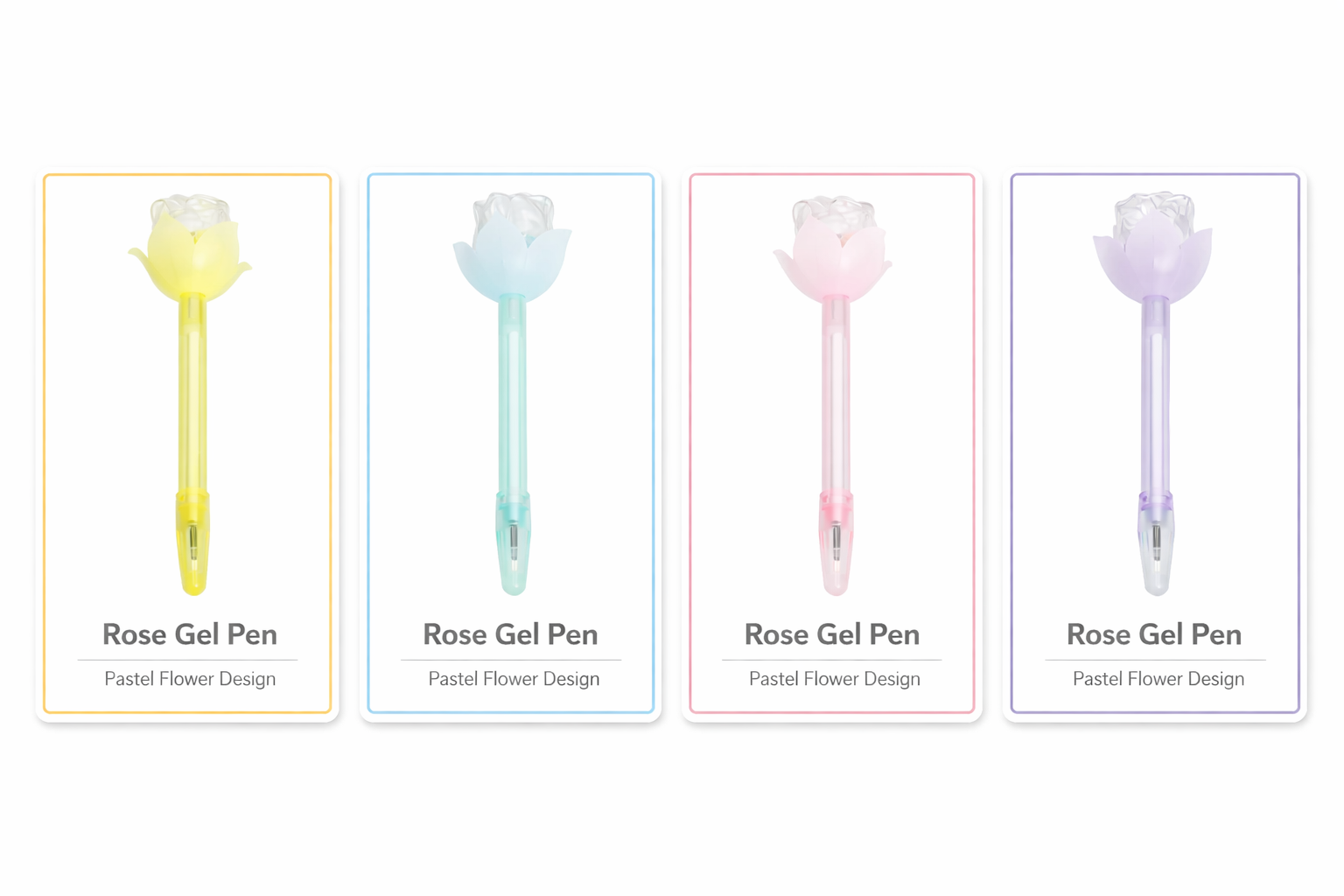 Four pastel plastic rose bud ballpoint pens displayed in individual color-bordered cards on a white background. From left to right: yellow pen with clear rose bud topper, blue pen with clear rose bud topper, pink pen with clear rose bud topper, and lavender pen with clear rose bud topper. Each card is labeled Rose Gel Pen, Pastel Flower Design