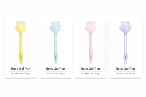 Four pastel plastic rose bud ballpoint pens displayed in individual color-bordered cards on a white background. From left to right: yellow pen with clear rose bud topper, blue pen with clear rose bud topper, pink pen with clear rose bud topper, and lavender pen with clear rose bud topper. Each card is labeled Rose Gel Pen, Pastel Flower Design