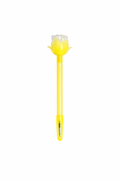 Full-length product shot of a bright yellow plastic ballpoint pen with a clear rose bud-shaped topper featuring yellow petal details and a silver ballpoint tip, displayed upright on a white background.