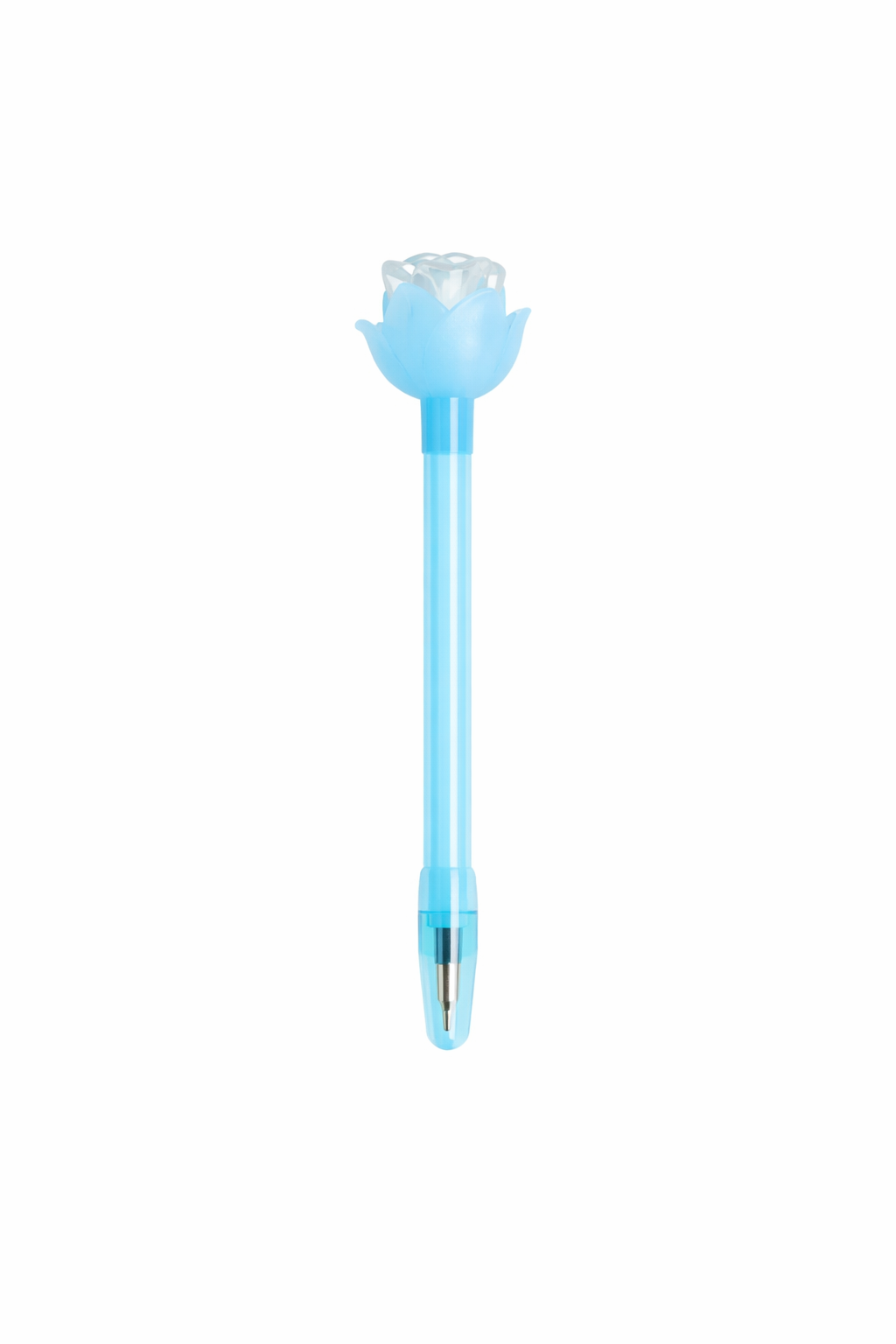 Full-length product shot of a pastel blue plastic ballpoint pen with a clear rose bud-shaped topper featuring light blue petal details and a silver ballpoint tip, displayed upright on a white background.